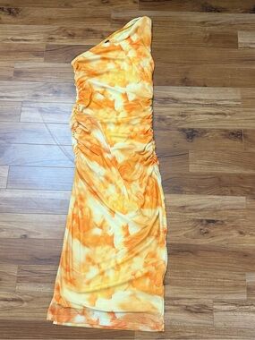 SHEIN Yellow-Orange One-Shoulder Ruched Maxi Dress